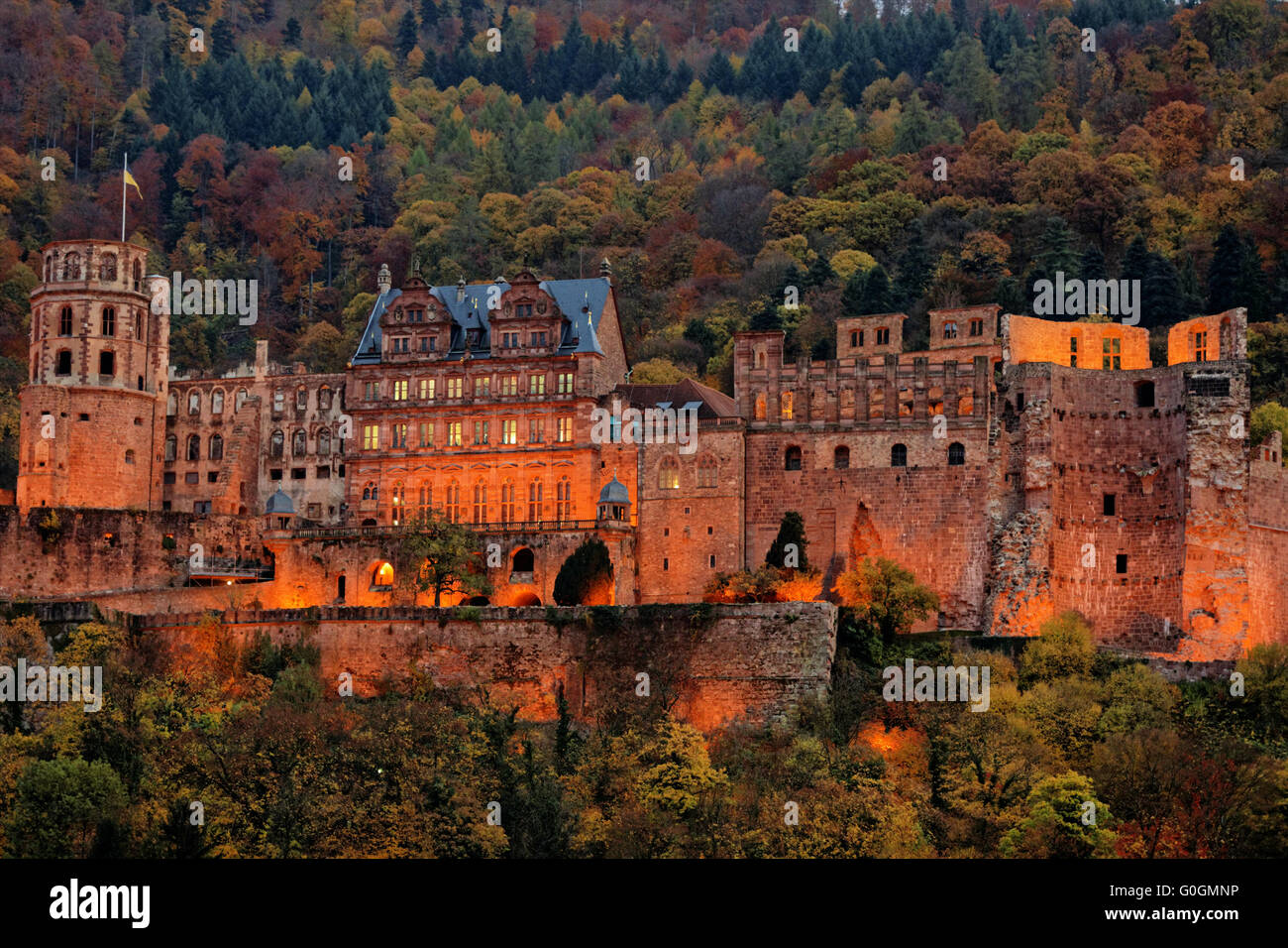 Il castello di Heidelberg di sera Foto Stock