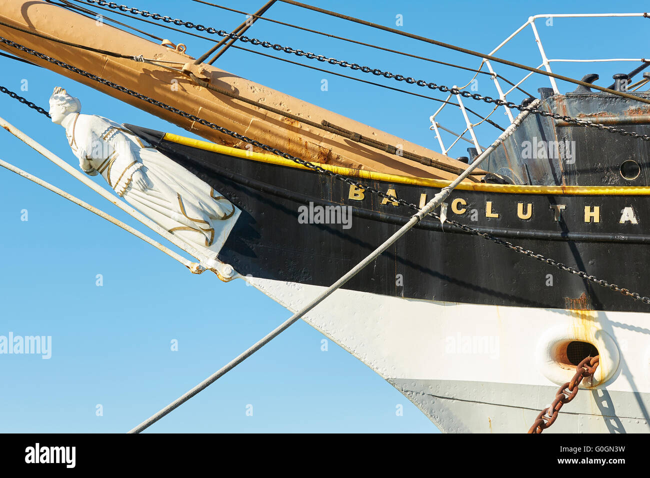Bompresso & figura testa della Tall Ship Balclutha. Foto Stock