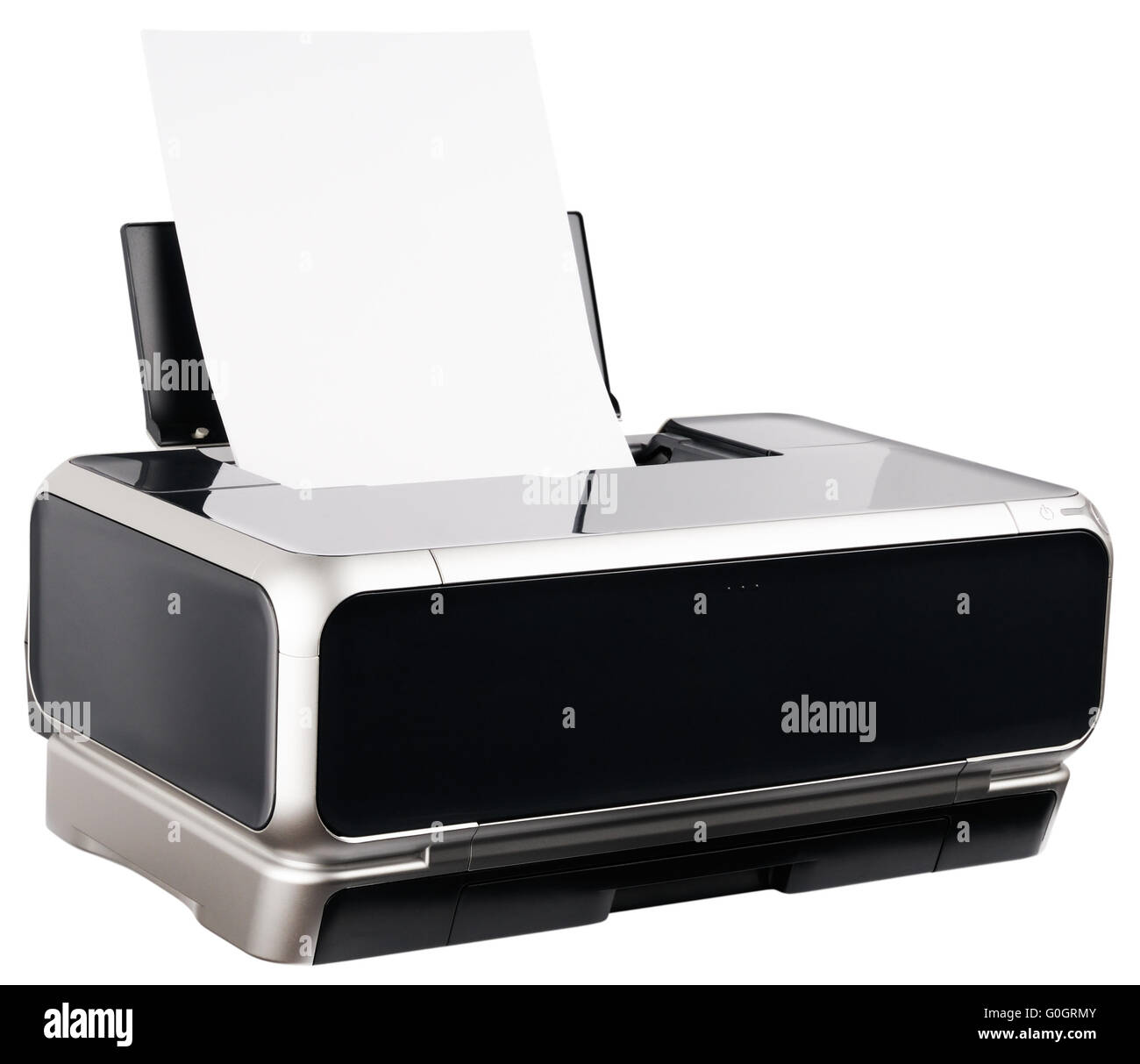 Stampante a getto di inchiostro con la carta caricata isolato sul bianco Foto Stock