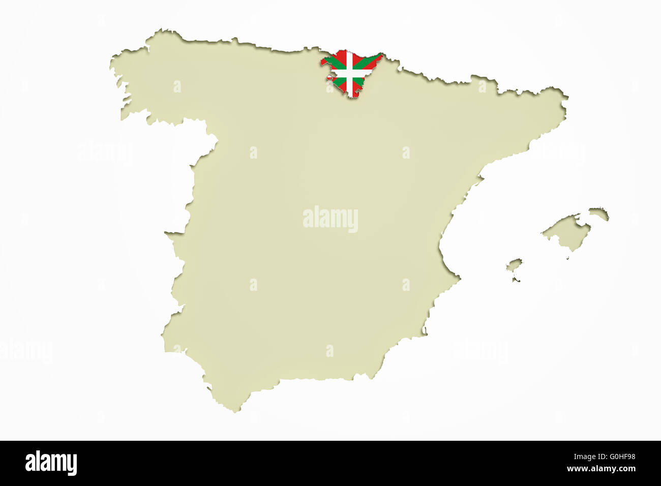 3D rendering della mappa del Paese Basco e della Spagna con bandiera su sfondo. Foto Stock