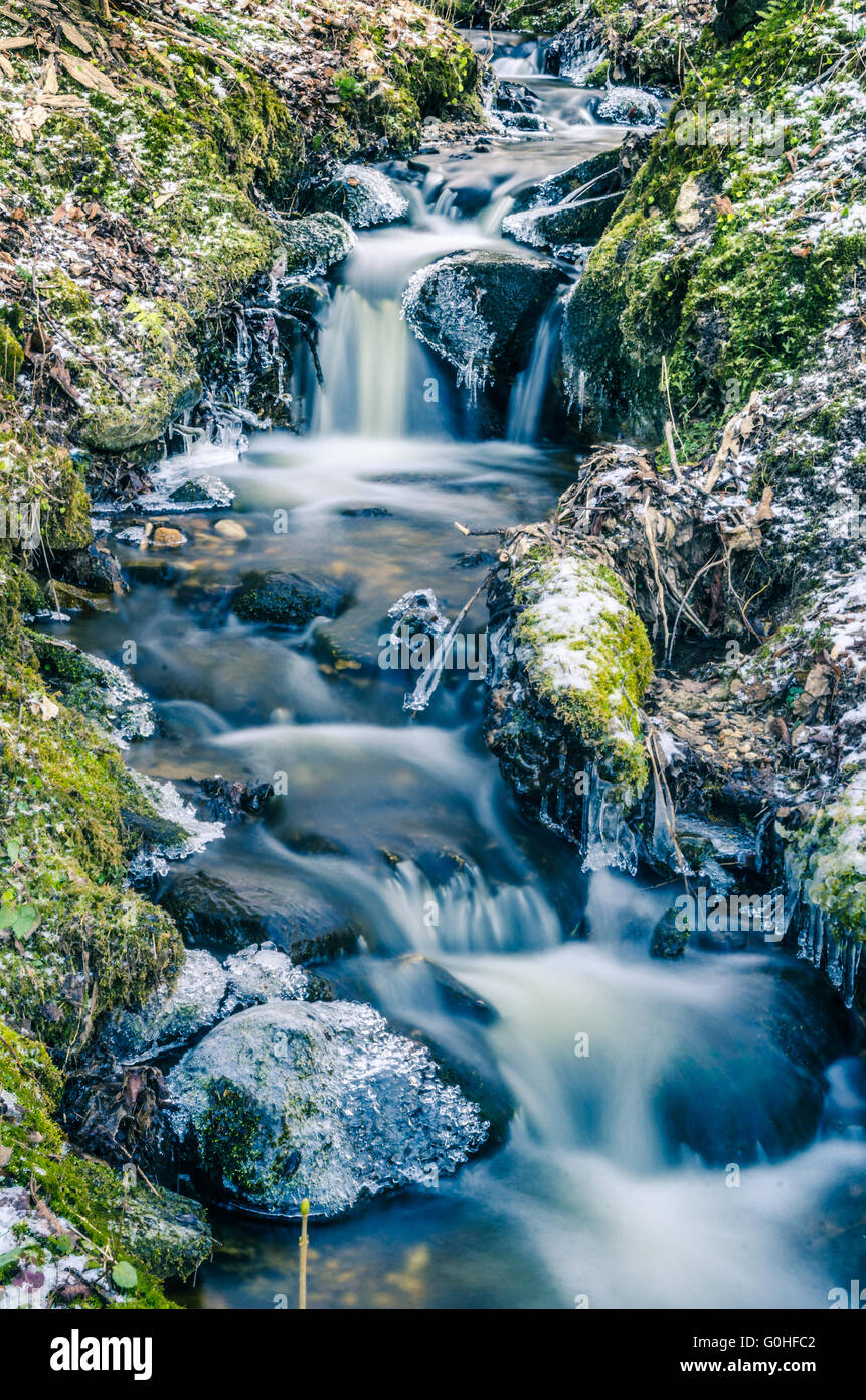 Il flusso di acqua nella primavera di ghiaccioli e ghiaccio Foto Stock