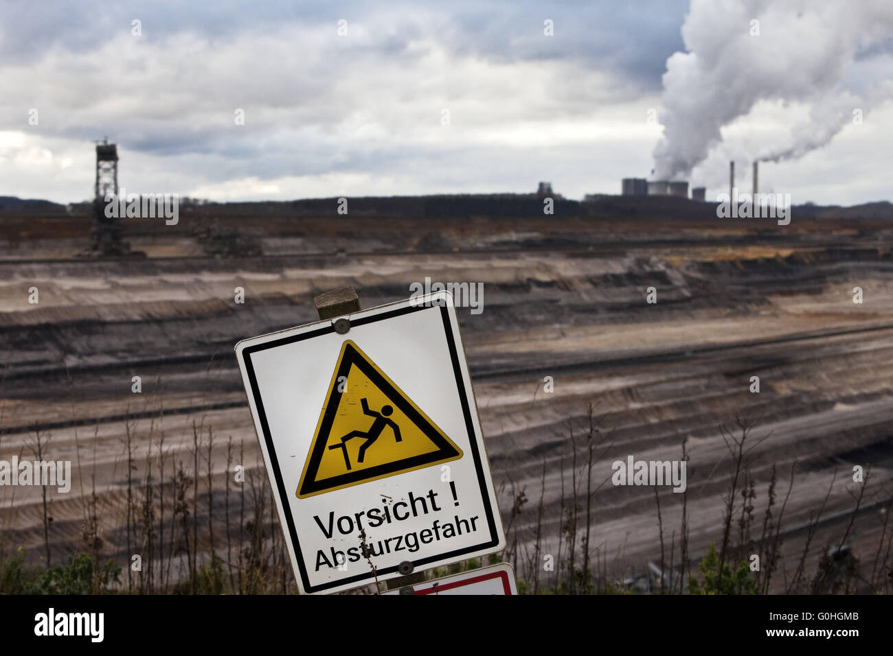 Segnale di avvertimento, marrone del carbone miniere di superficie Inden, Renania settentrionale-Vestfalia, Germania, Europa Foto Stock