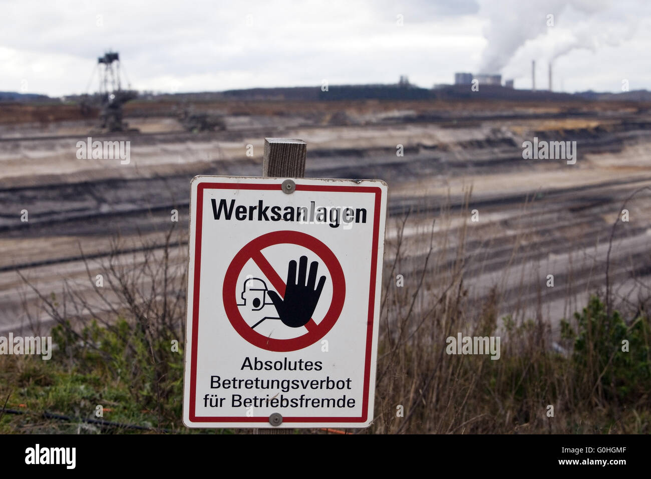 Segnale di avvertimento, marrone del carbone miniere di superficie Inden, Renania settentrionale-Vestfalia, Germania, Europa Foto Stock