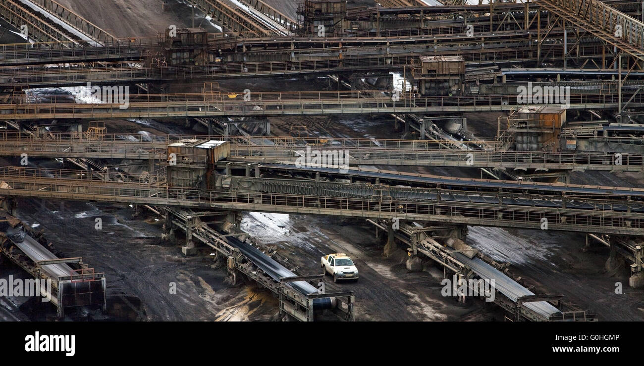 Il sistema di trasporto di carbone marrone miniere di superficie Inden, Renania settentrionale-Vestfalia, Germania, Europa Foto Stock