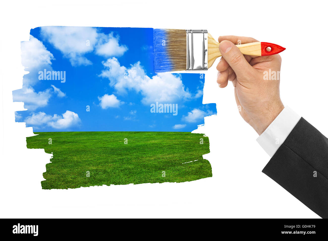 Mano con pennello paesaggio di disegno Foto Stock