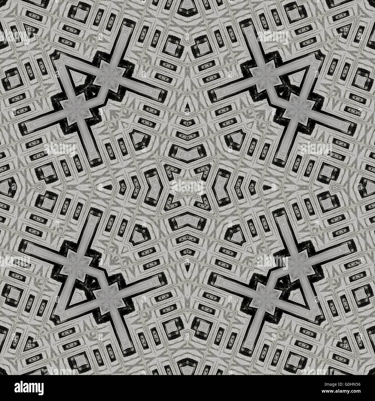 Seamless sfondo caleidoscopica pattern di piastrelle disegnate con nero matita morbida basato sulla texture in legno Foto Stock