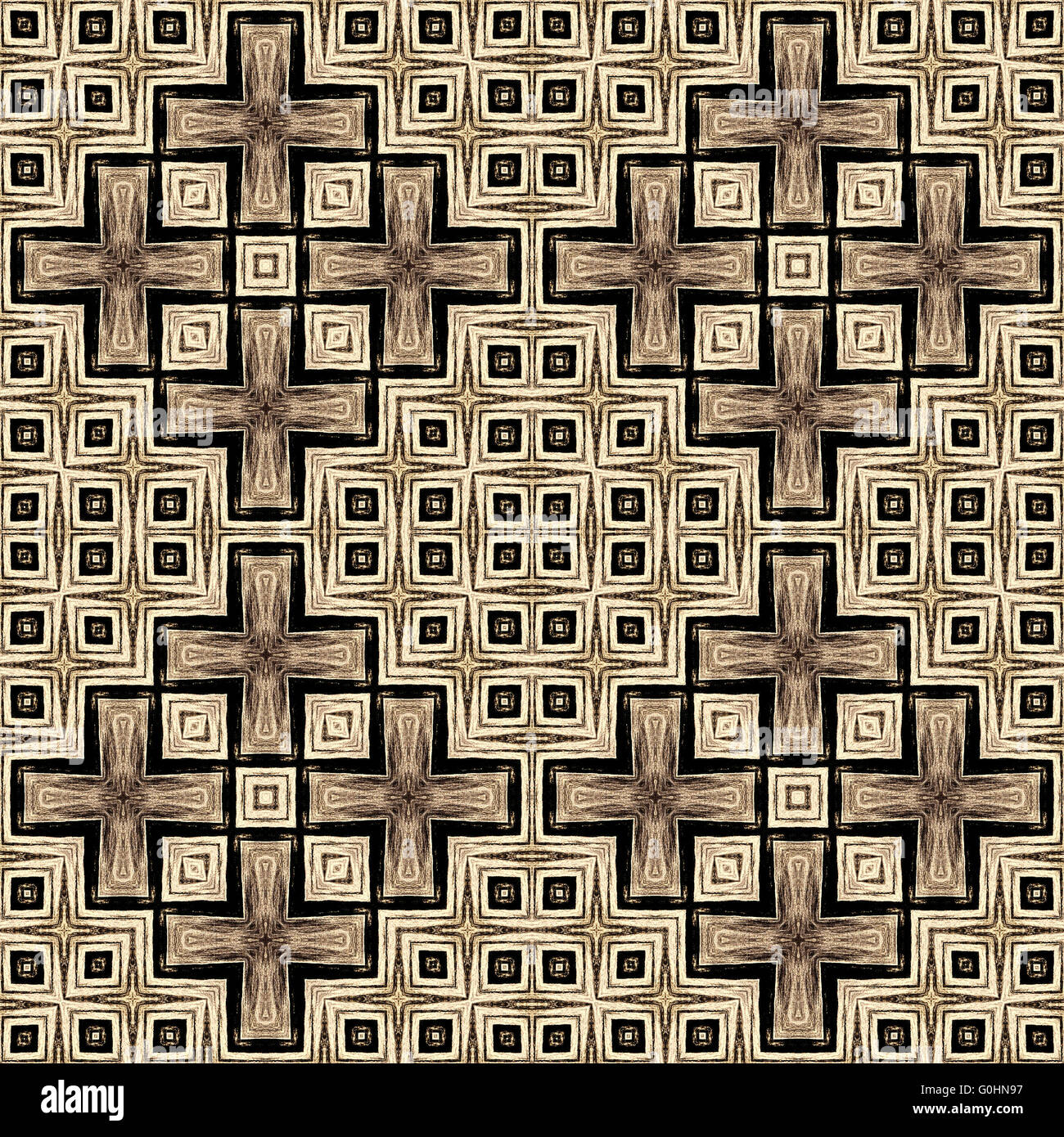 Seamless sfondo caleidoscopica pattern di piastrelle disegnate con nero matita morbida basato sulla texture in legno Foto Stock