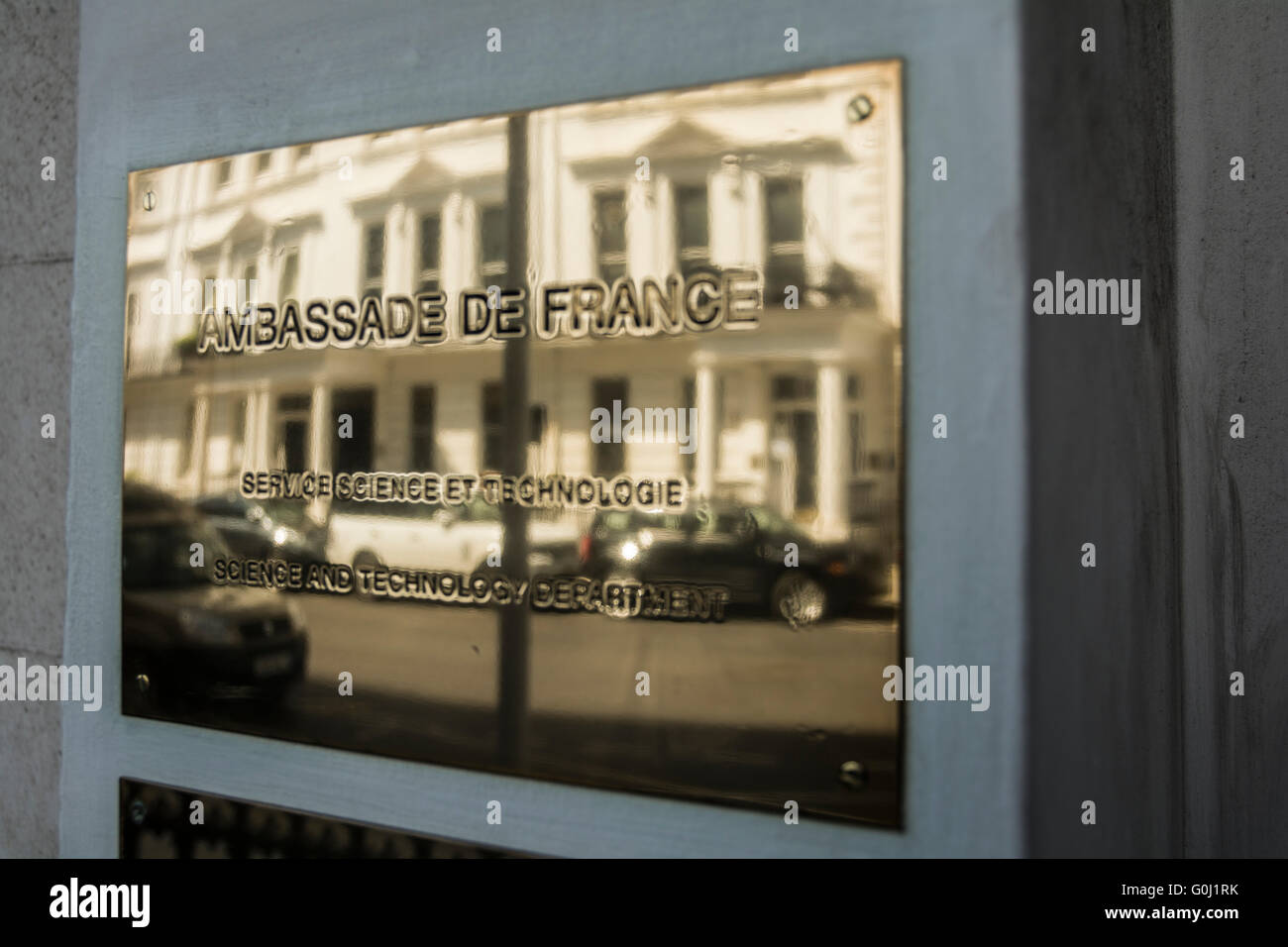 Targa Ambassade De France, South Kensington, Londra, Inghilterra, Regno Unito Foto Stock