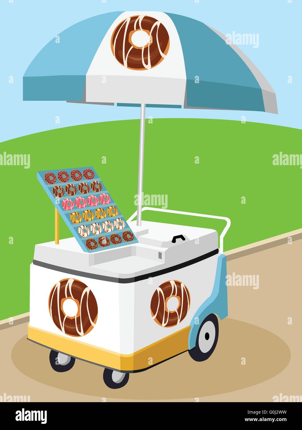 Cibo Mobile ombrellone carrello vector cartoon vendere bomboloni Illustrazione Vettoriale