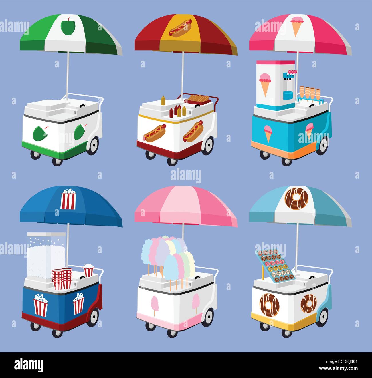 Set di cibo Mobile ombrello vettore carrelli Cartoon vendere noce di cocco, hot dog, gelati, pop corn, cotone candy, ciambelle Illustrazione Vettoriale