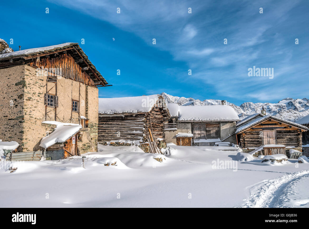 Heidi Village Grevasalvas in Inverno, Engadina, Svizzera Foto Stock