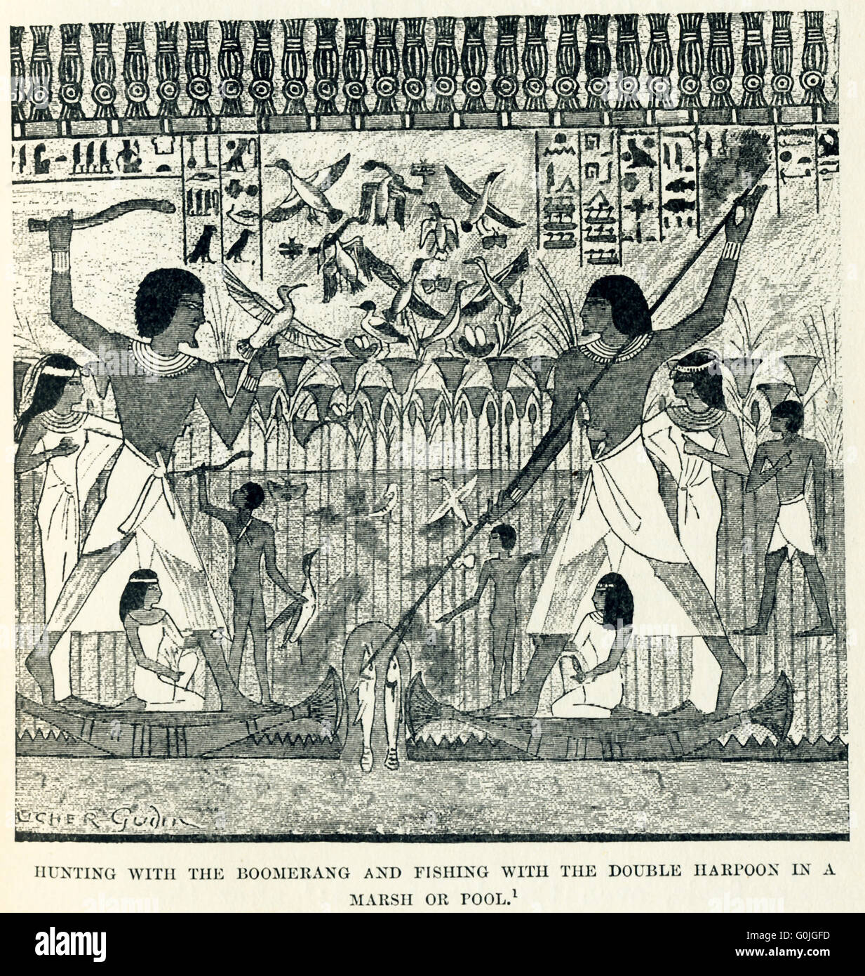 Nell antico Egitto; fowling spesso è stato fatto con un tipo di chiave a boomerang come visto qui. La pesca è stata effettuata con un arpione (e potrebbe essere un doppio arpione come si vede qui) fatti o di pietra o di metallo; una linea; un net; o trappole. Dove gli stagni fallito il Nilo limitrofi li arredata con forniture di inesauribile. In piedi nella luce canoe o supportata da un listone su fasci di canne legati tra di loro; essi si sono avventurati nel mid-stream; nonostante il pericolo derivante dal sempre presente ippopotamo, o hanno penetrato fino ai canali in mezzo alle piante acquatiche, per portare giù con il boomerang gli uccelli. Foto Stock
