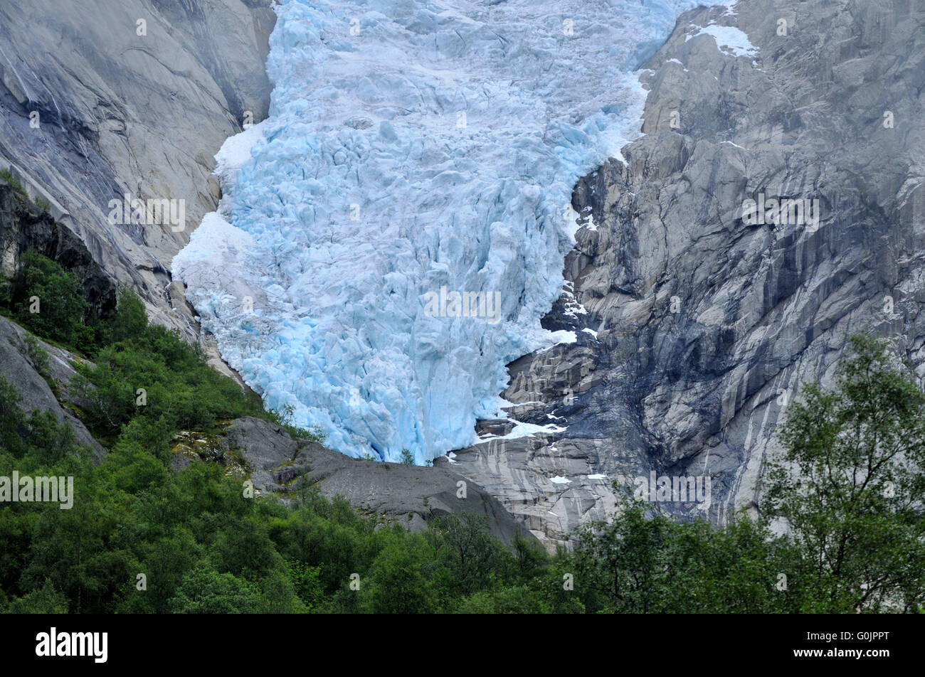 Glacier Briksdalsbreen, Ghiacciaio Briksdal, lingua del ghiacciaio, Briksdalen, Stryn, Sogn og Fjordane, Norvegia Foto Stock