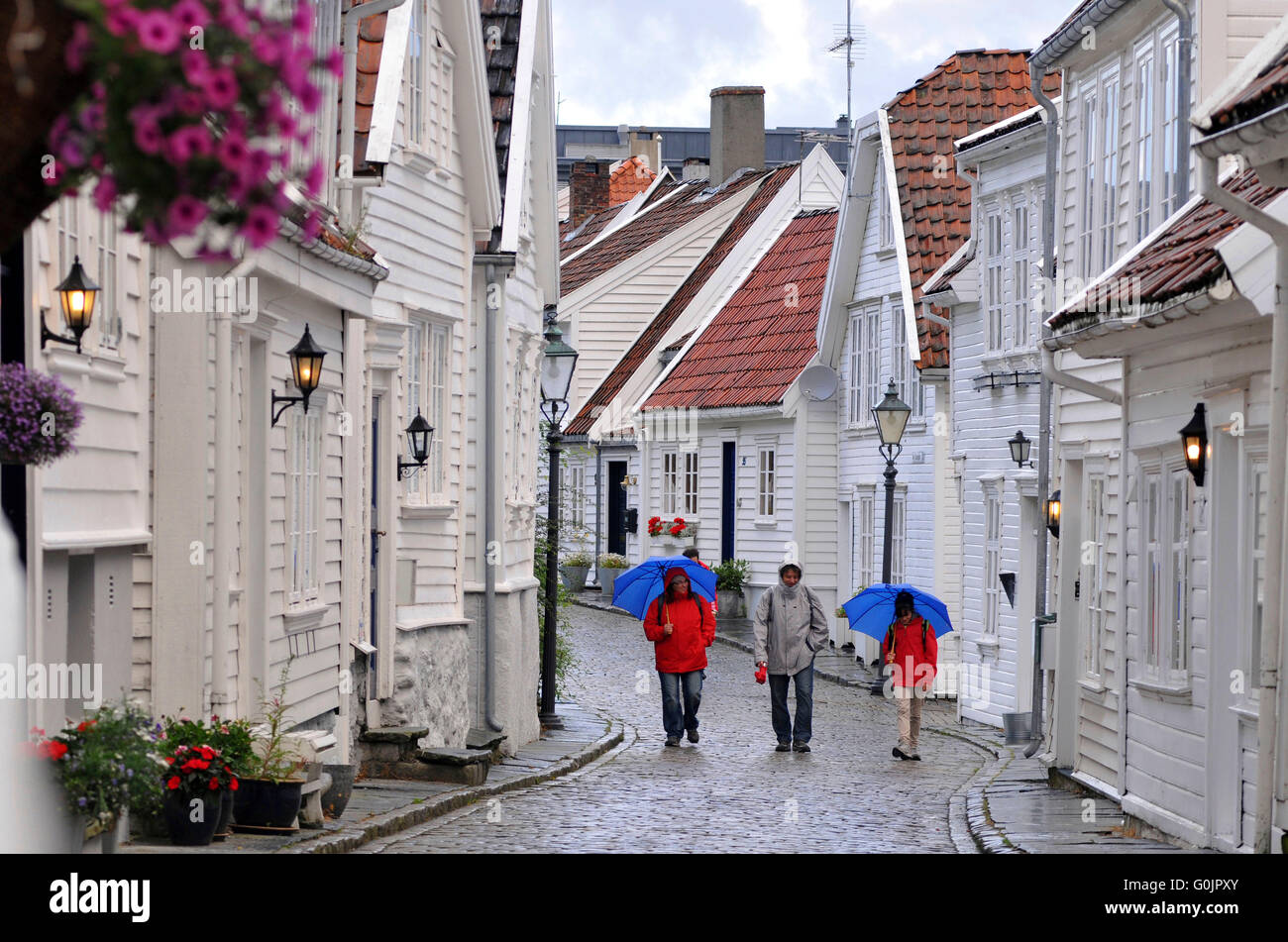 Casa in legno, case, Gamle Stavanger, Old Stavanger, città vecchia, Stavanger, Rogaland, Norvegia / pioggia, pioggia Foto Stock