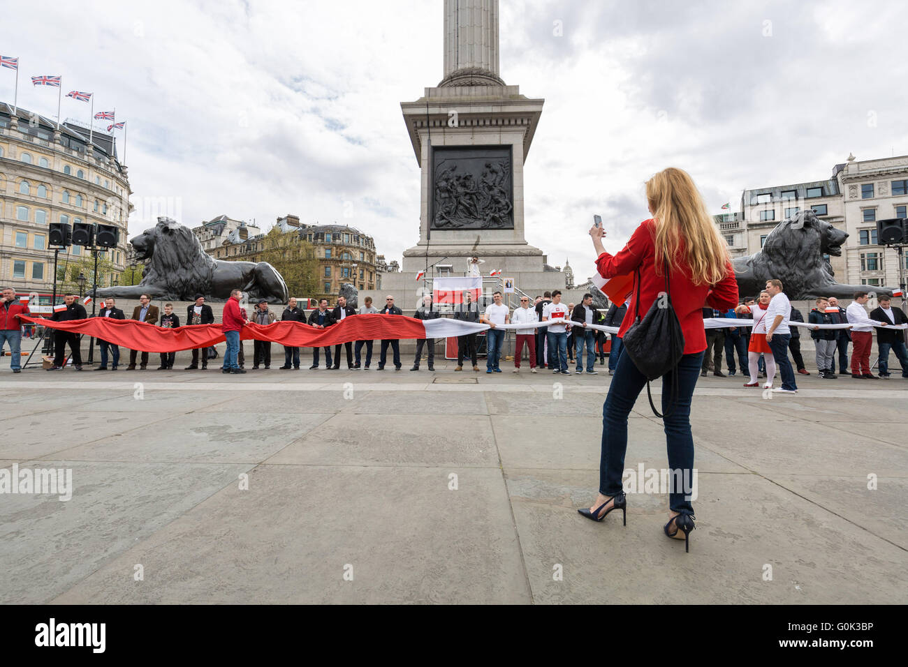 Londra, Regno Unito. Il 2 maggio, 2016. British Poli nazionali di celebrare la bandiera polacca giorno in Trafalgar Square Credit: Guy Corbishley/Alamy Live News Foto Stock
