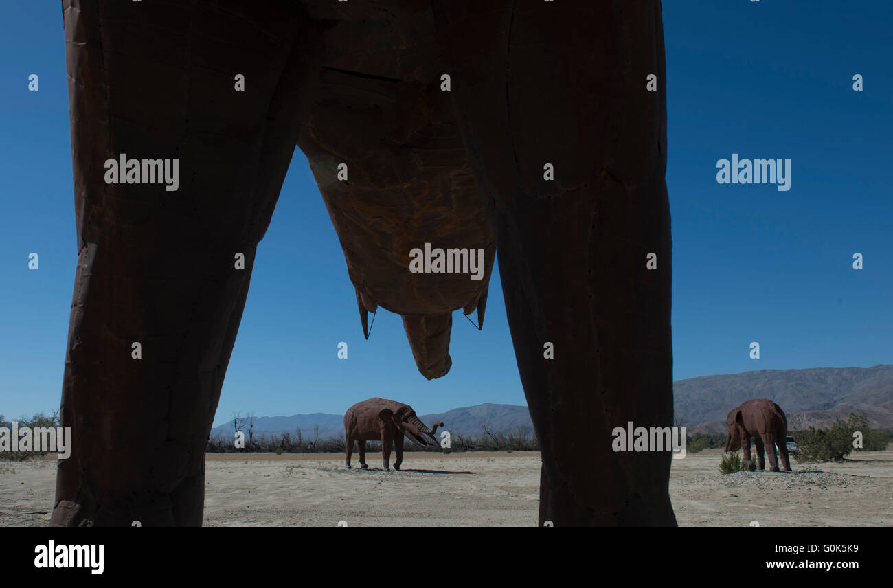 Los Angeles, Los Angeles, Stati Uniti d'America. Il 2 maggio, 2016. Acciaio saldato 'elefanti' sono visibili nel deserto di Borrego Springs, Los Angeles, negli Stati Uniti il 2 maggio 2016. Dennis Avery, tarda filantropo di Borrego Springs, immaginato l'idea di aggiunta di 'Sky Art' di sua proprietà con un originale acciaio saldato sculture creato dall'artista Ricardo Breceda basato a Perris, California. Oltre a un 350-piede-lungo serpente fantasiose, i visitatori possono vedere oltre 130 sculture di metallo installati nel deserto di Borrego Springs. © Yang Lei/Xinhua/Alamy Live News Foto Stock