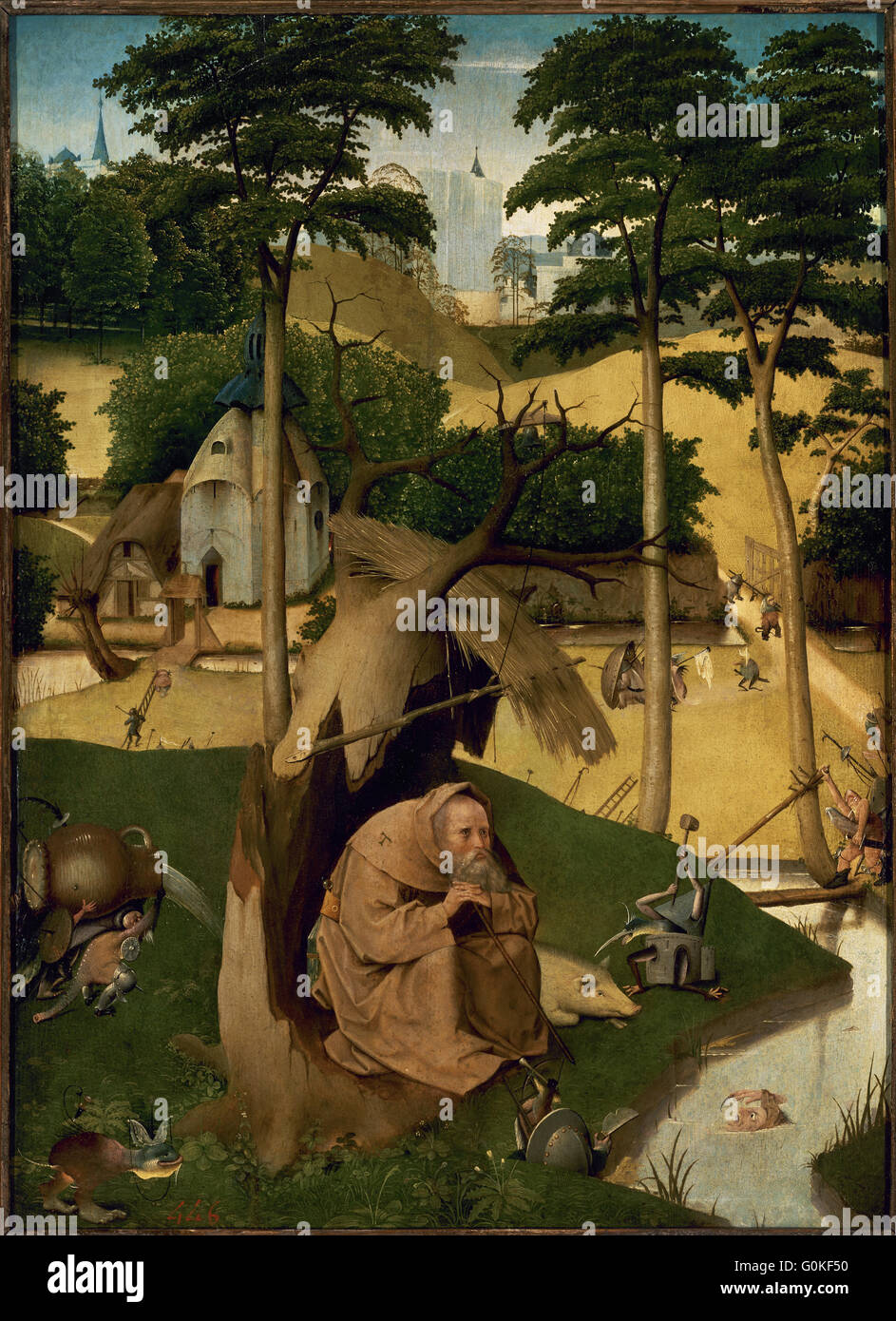 Hieronymus Bosch (c.1450-1516). Pittore olandese. La tentazione di San Antonio, c.1490. Il Museo del Prado. Madrid. Spagna. Foto Stock