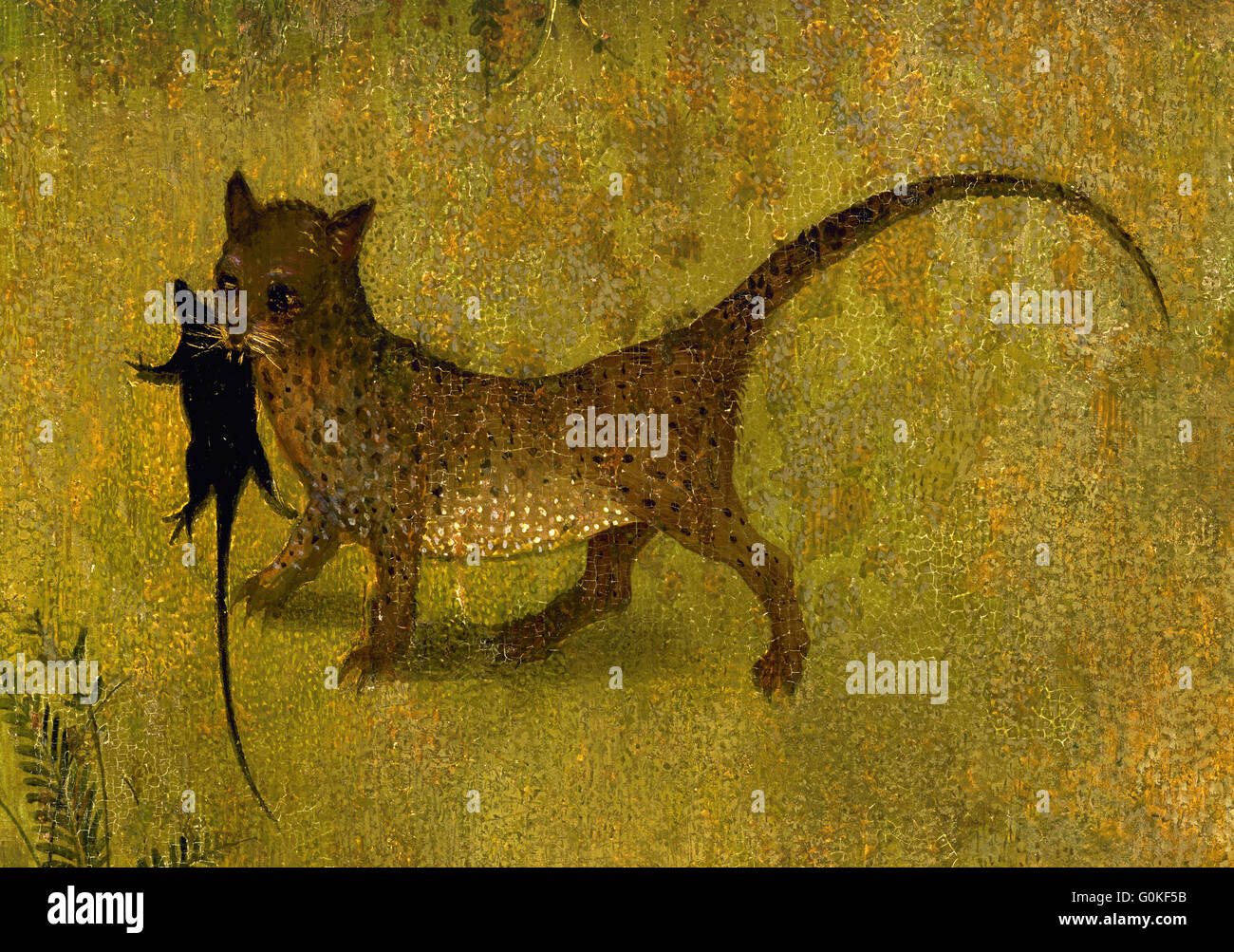 Hieronymus Bosch (c.1450-1516). Pittore olandese. Il Giardino delle Delizie, 1500-1505, trittico. Dettaglio di un pannello sinistro raffigurante un gatto con un mouse nella sua bocca. Il Museo del Prado. Madrid. Spagna. Foto Stock