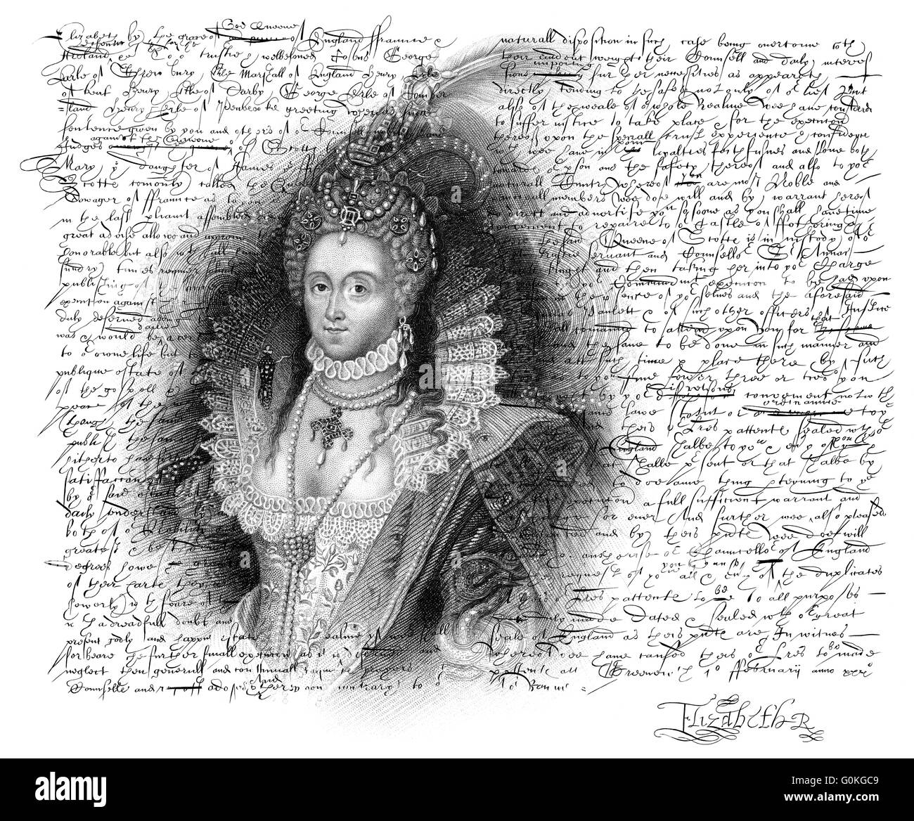 Facsimile, il mandato di esecuzione di Maria Stuart, Regina di Scozia, scritto da Elisabetta I, 1533-1603, regina d'Inghilterra, su Febr Foto Stock