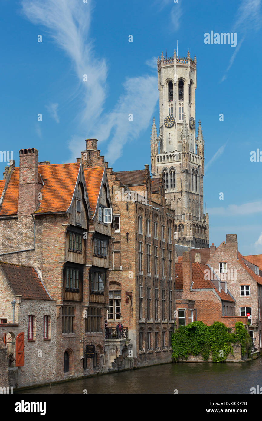 Il Belfry, Dijver canal e Rozenhoedkaai, Bruges Foto Stock Il Belfry, Dijver canal e Rozenhoedkaai, Bruges Foto Stock