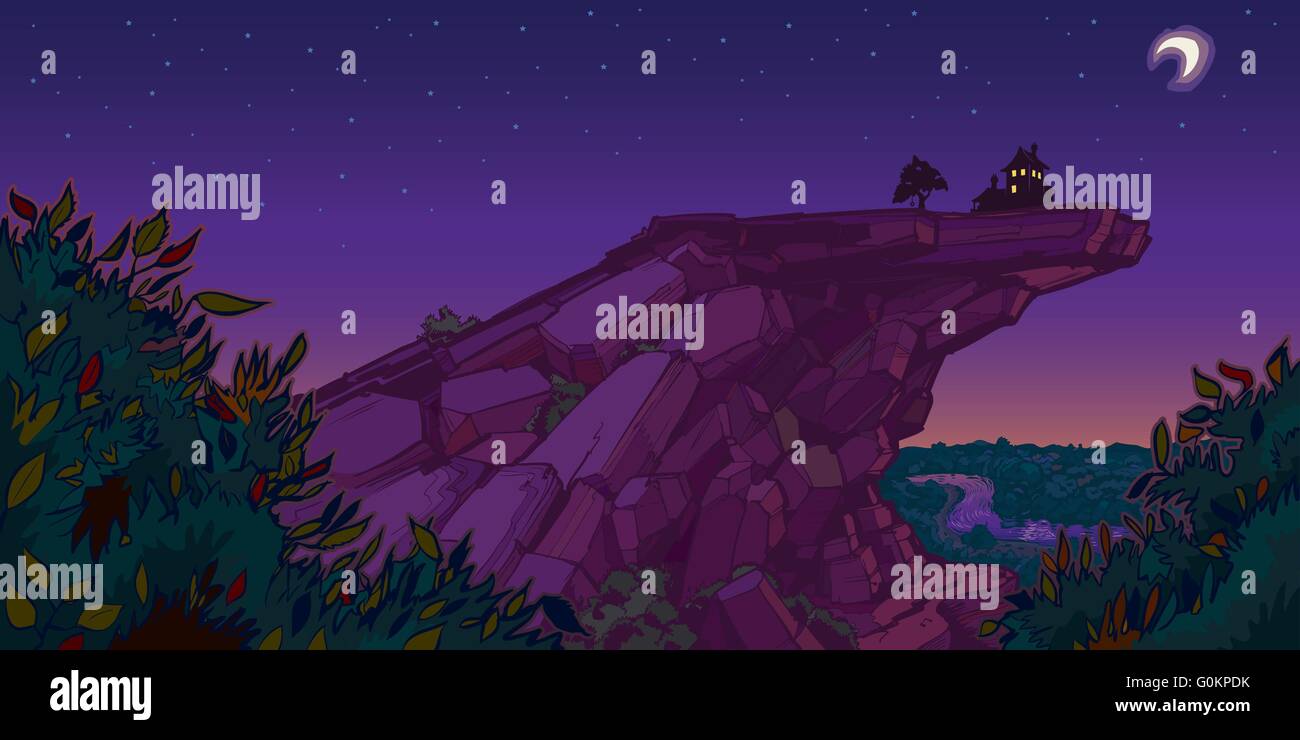 Illustrazione vettoriale di una tranquilla e silenziosa scena di una casa ed un albero con una rotazione del pneumatico sulla cima di una montagna di sera. Illustrazione Vettoriale
