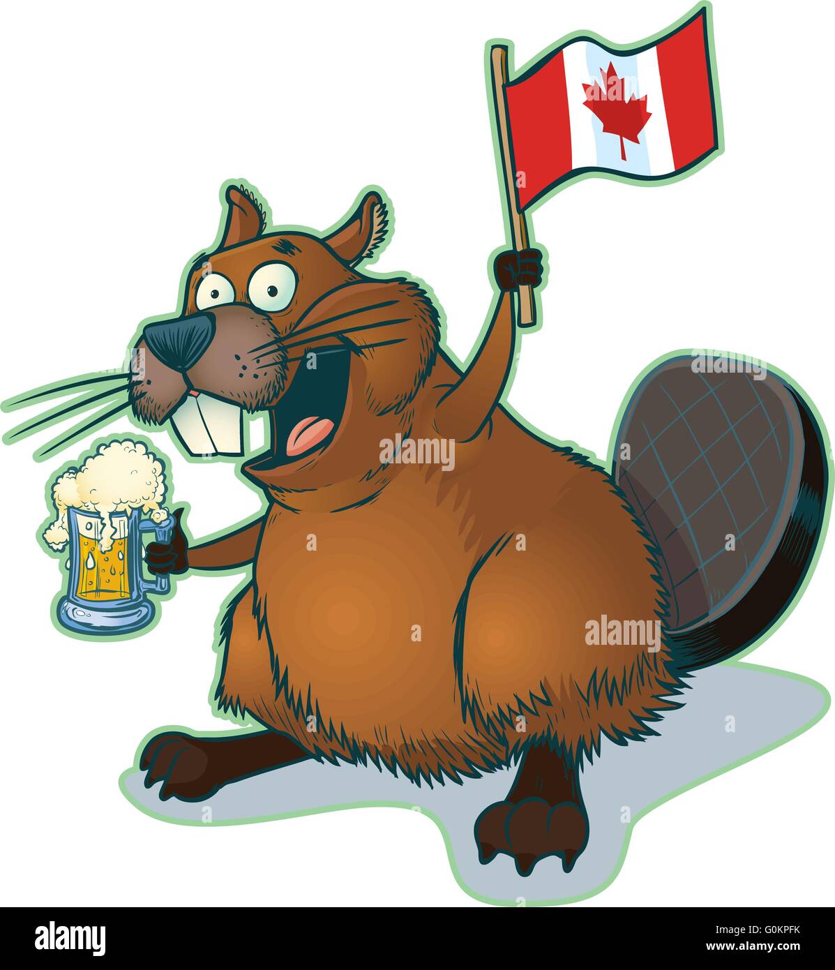 Vector cartoon clip art di un simpatico, felice cartoon beaver tenendo un boccale di birra e una bandiera canadese. Illustrazione Vettoriale
