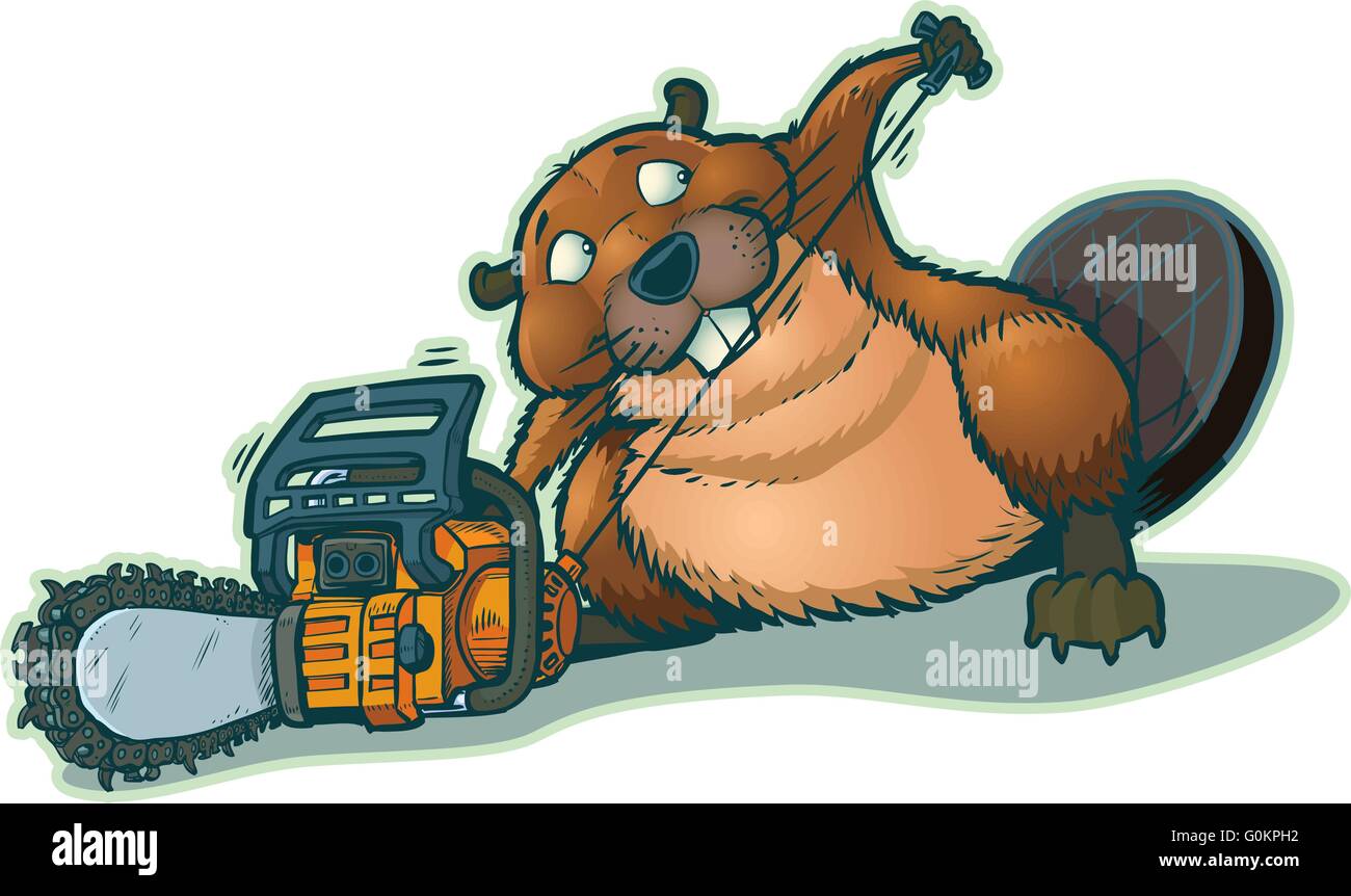 Un simpatico beaver a partire una motosega. Egli ha un aspetto un po' colpevole di essere "barare" in questo modo. Questo cartone animato è vector clip art. Illustrazione Vettoriale
