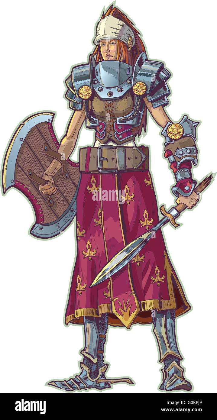 Vector cartoon di un guerriero donna con capelli rossi. Ella è sporting vari pezzi di armatura frammentarie e armi. Illustrazione Vettoriale