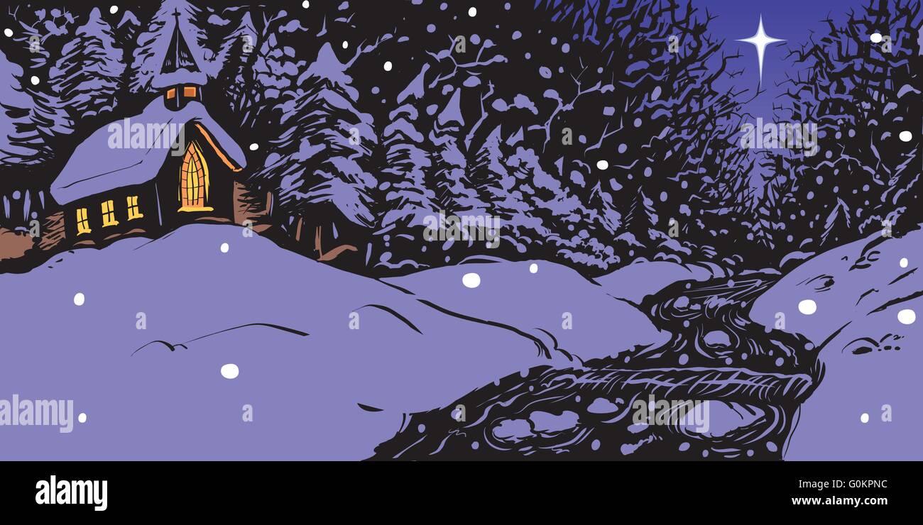 Illustrazione vettoriale di un nevoso inverno sera ed offre una chiesa con finestre illuminate vicino a un ruscello o un flusso con una stella nel cielo. Illustrazione Vettoriale