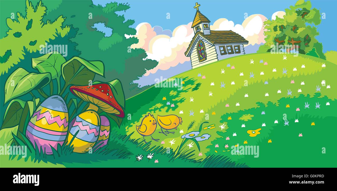 Vector cartoon clip art sullo sfondo del paesaggio con una vacanza di Pasqua tema. Illustrazione Vettoriale