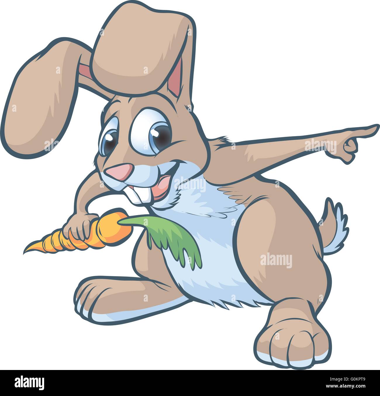 Vector cartoon clip art di un felice brown bunny o coniglio tenendo una carota e rivolta verso destra. Illustrazione Vettoriale