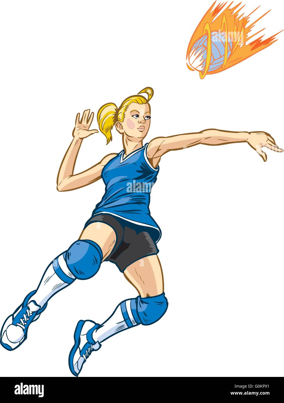 Ragazza del giocatore di volleyball saltando a Spike un servizio in arrivo che assomiglia a una palla di fuoco. Illustrazione Vettoriale