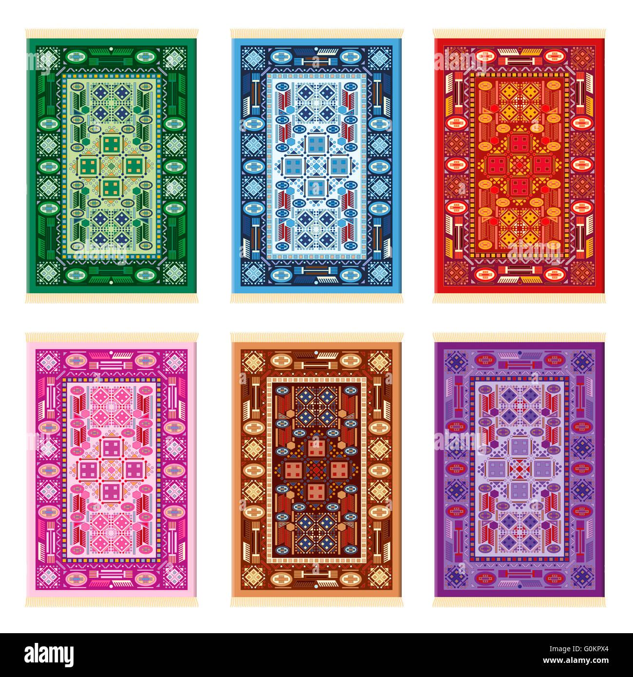 Tappeti orientali - Modello - sei varianti di colore - verde, blu, rosso, rosa, marrone e porpora. Foto Stock