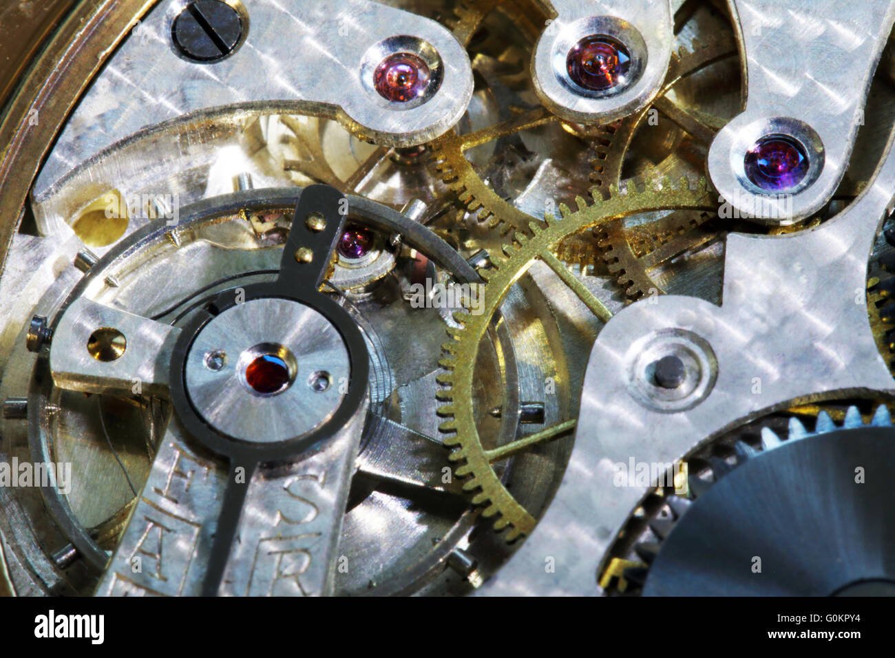 Il funzionamento interno di un vintage orologio da tasca Foto Stock