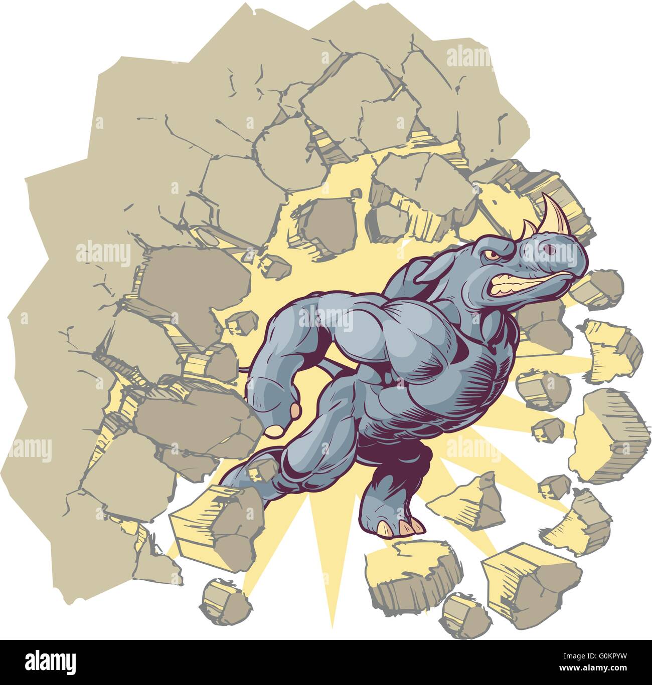 Vector Cartoon Clip Art illustrazione di una mascotte antropomorfo Rhino crash attraverso una parete. Illustrazione Vettoriale