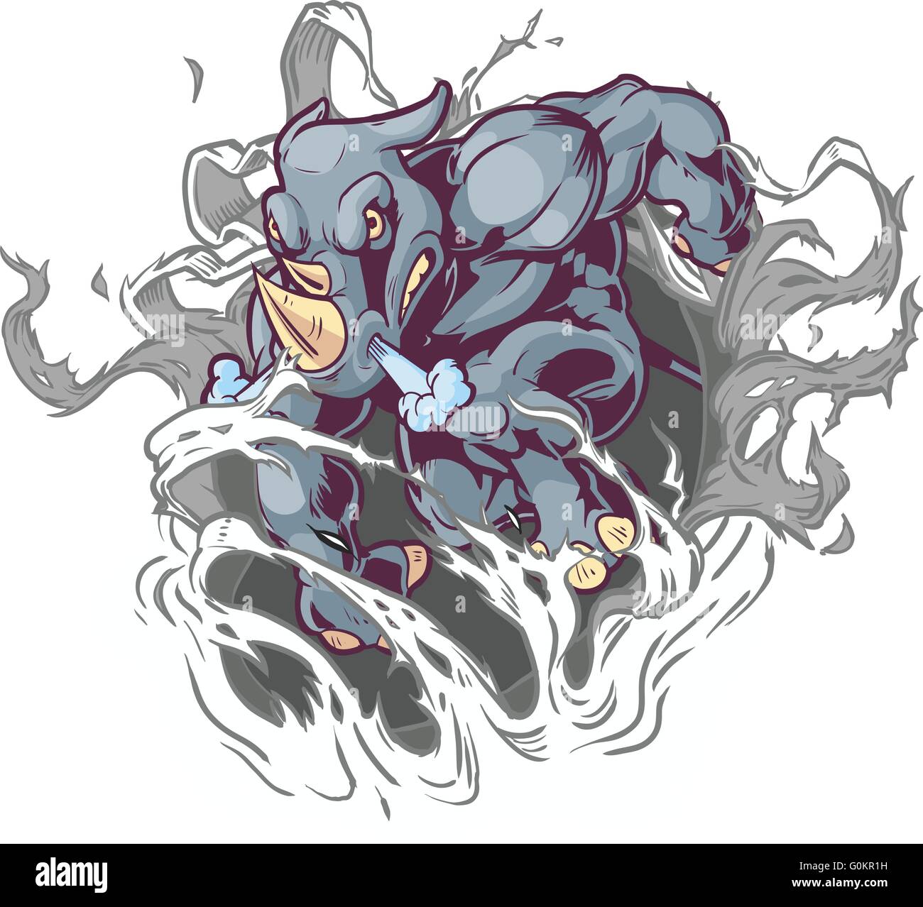 Vector Cartoon Clip Art illustrazione di un accovacciato antropomorfi mascotte cartoon Rhino Ripping attraverso lo sfondo. Illustrazione Vettoriale