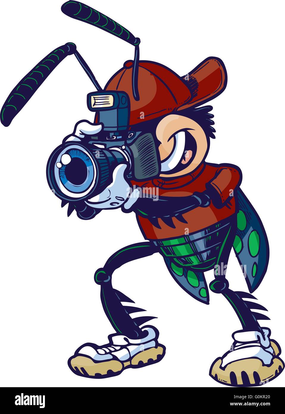 Vettore di Cartoon clip art illustrazione di un otturatore Bug o insetto carattere mascotte in possesso di una fotocamera. Illustrazione Vettoriale