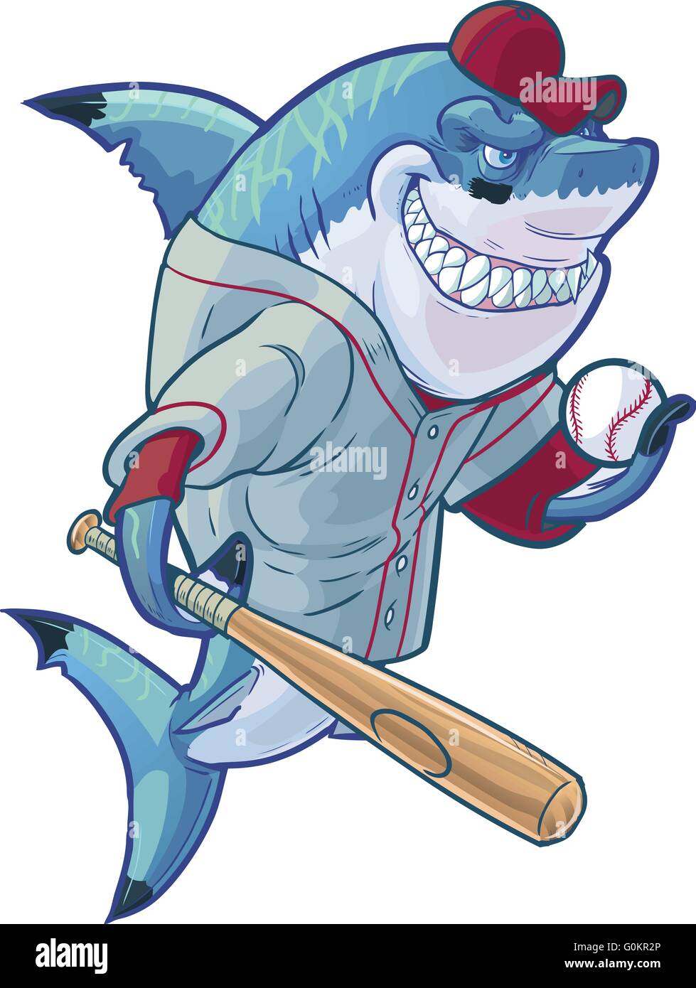 Vector cartoon clip art illustrazione di un duro significa sorridente mascotte squalo indossano uniformi da baseball tenendo la racchetta e la palla. Illustrazione Vettoriale