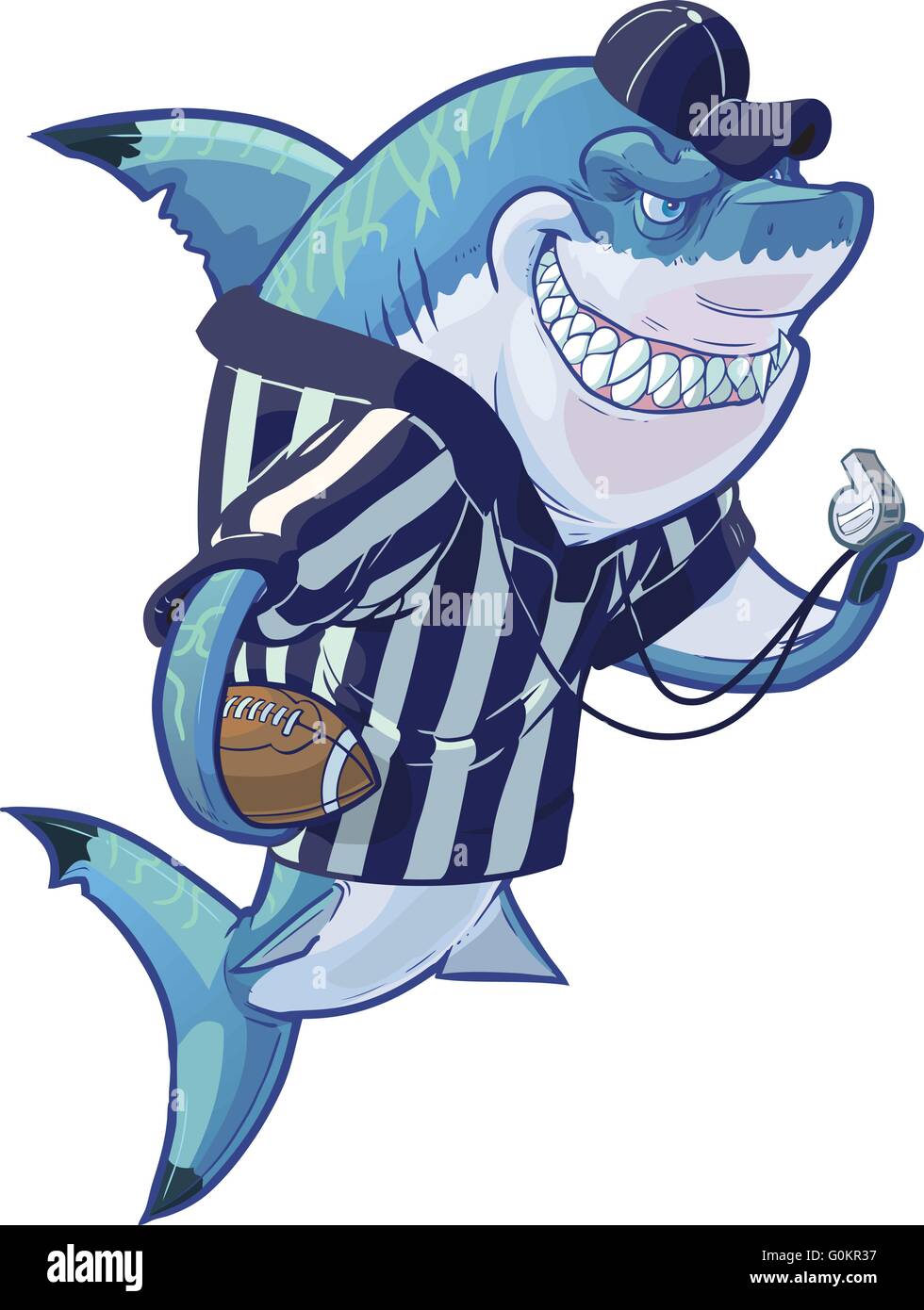 Vector cartoon clip art illustrazione di un duro significa sorridente mascotte squalo indossando un arbitro di calcio uniforme. Illustrazione Vettoriale