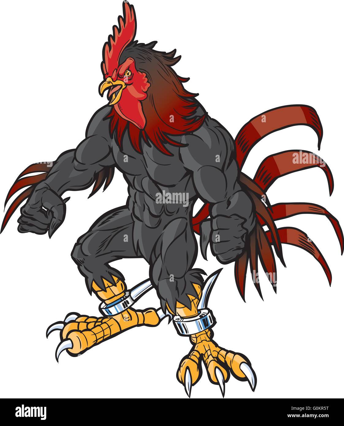 Vector cartoon clip art illustrazione di un arrabbiato gallo muscolare o gamecock o chanticleer mascot con propaggini Illustrazione Vettoriale