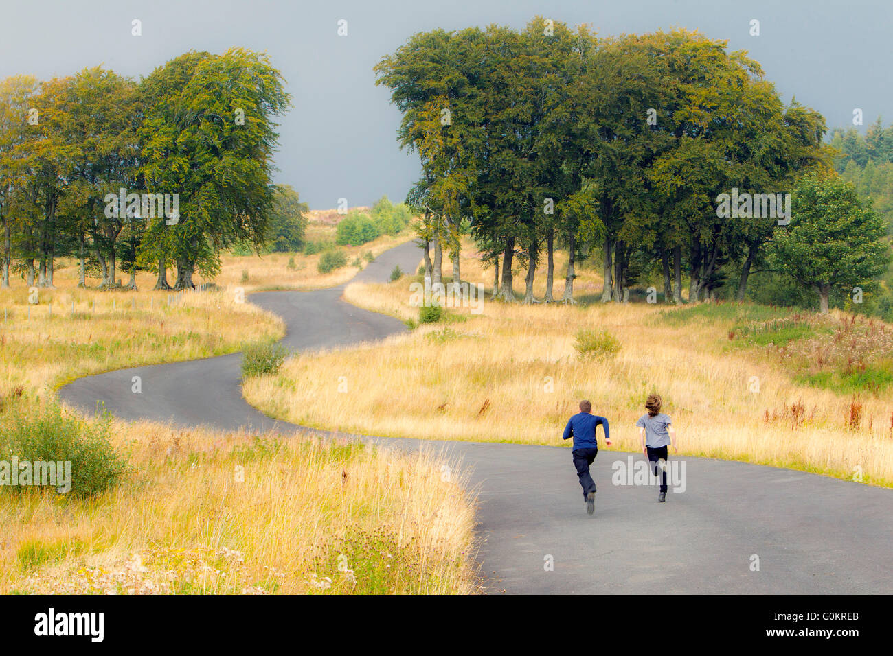 Ragazzi che corre lungo strada ieading alla foresta di Muirkirk Foto Stock