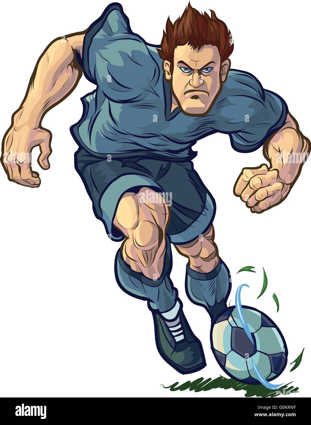Vector cartoon clip art illustrazione di una robusta, media determinata soccer o giocatore di football dribbling la palla in avanti. Illustrazione Vettoriale