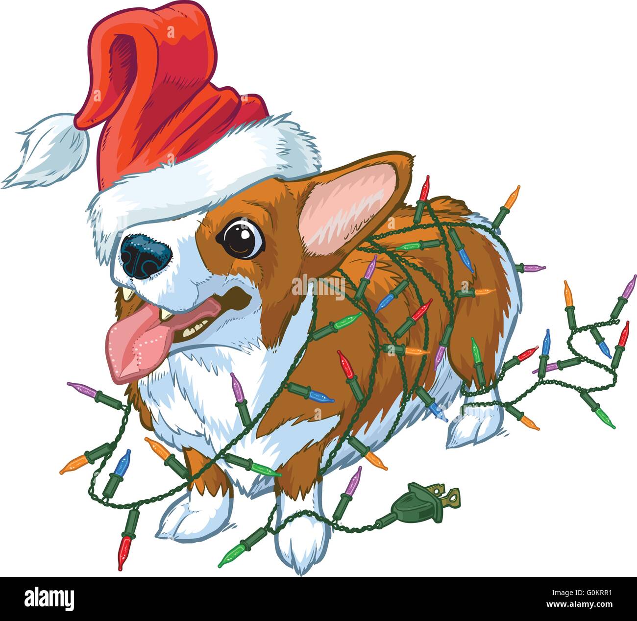 Vector cartoon clip art illustrazione di un corgi indossando un Berretto di Babbo Natale su di un occhio e aggrovigliato nella struttura ad albero di Natale luci. Illustrazione Vettoriale