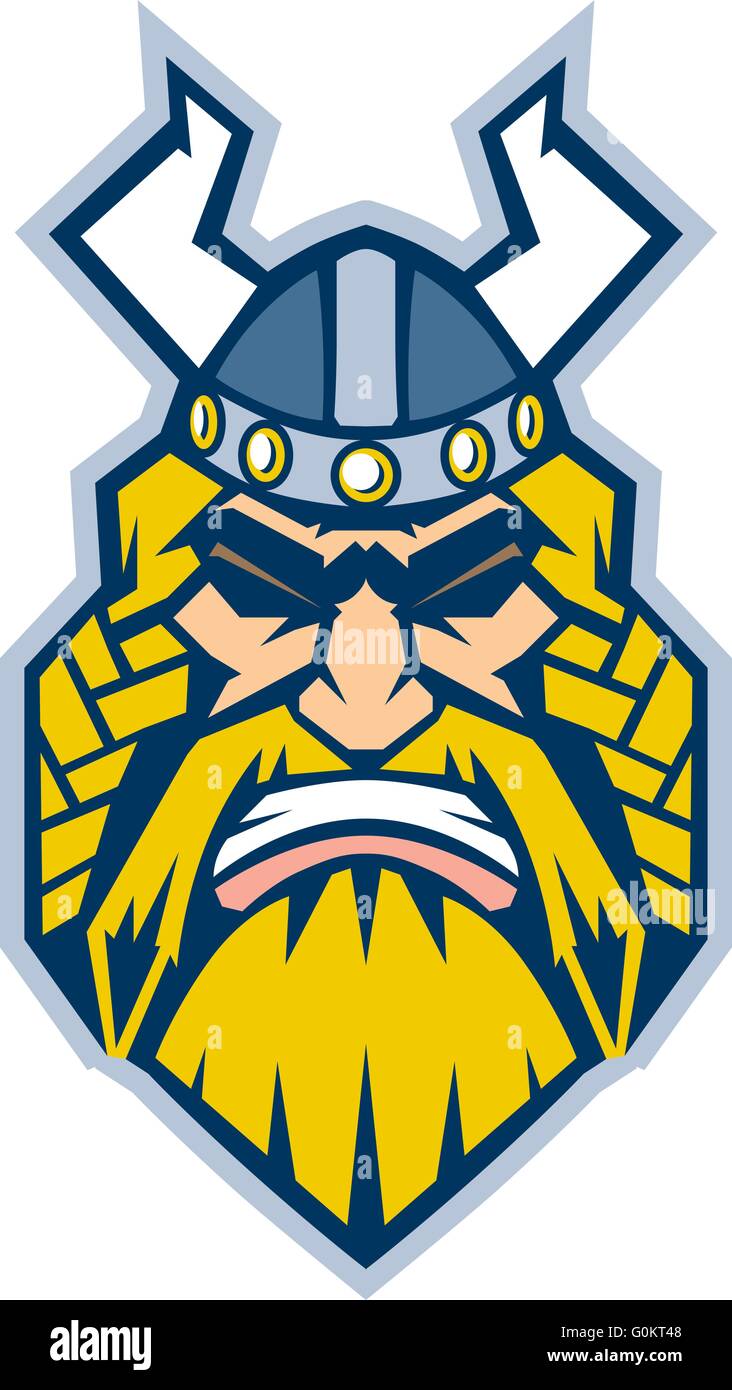 Vector Cartoon Clip Art illustrazione di una mascotte di Viking in testa in una vista frontale, reso in uno stile grafico Illustrazione Vettoriale