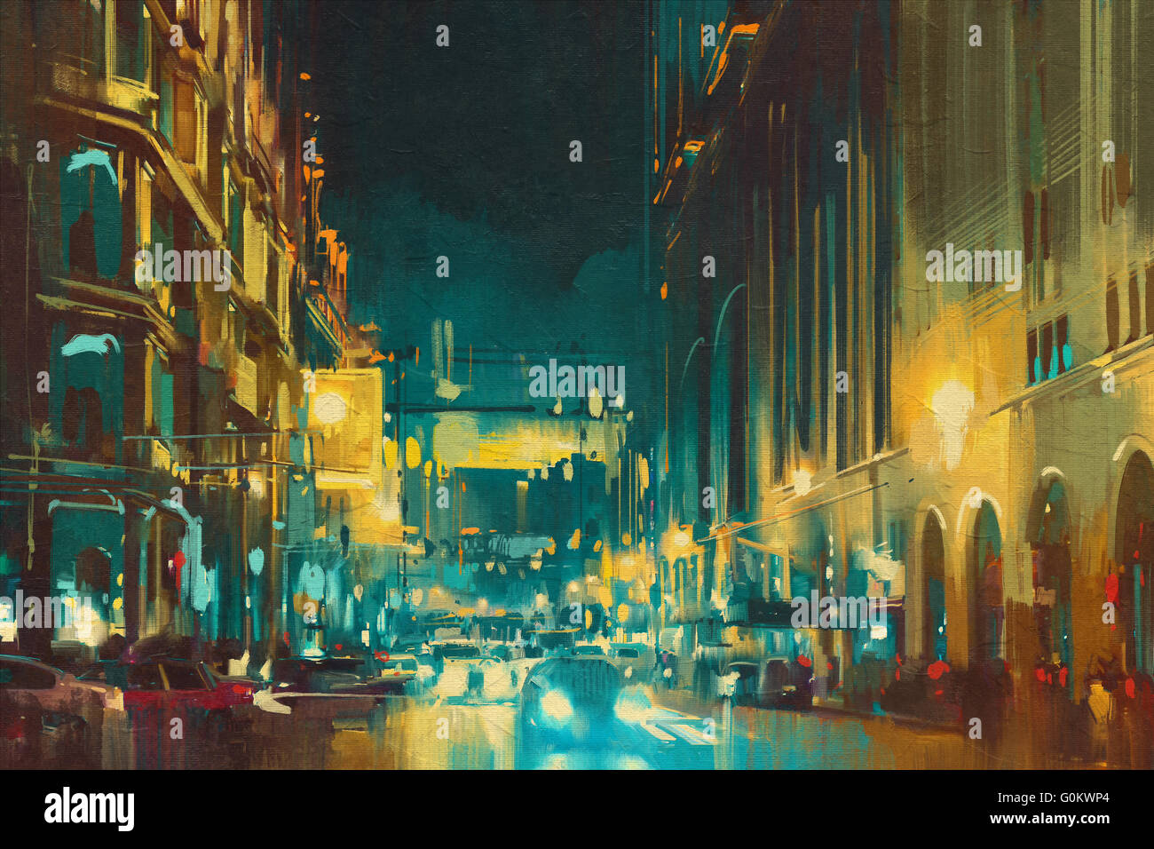 Luce colorata di città con edifici storici,illustrazione pittura Foto Stock
