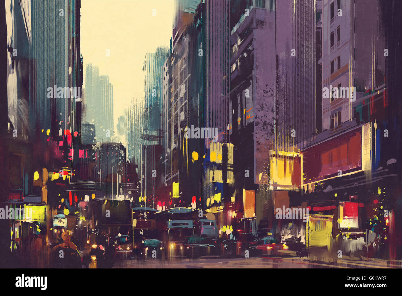 Il traffico della città e la luce colorata in Hong Kong,illustrazione pittura Foto Stock