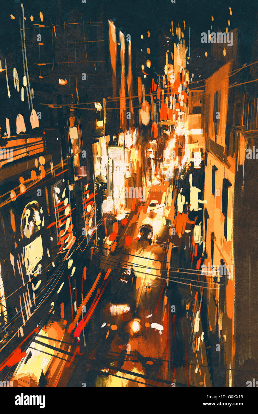 Scena notturna di una strada nella città,illustrazione pittura Foto Stock
