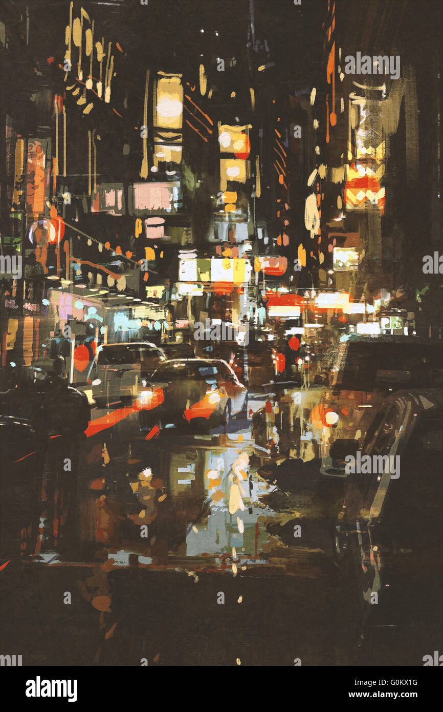 Scena notturna di una strada nella città,illustrazione pittura Foto Stock