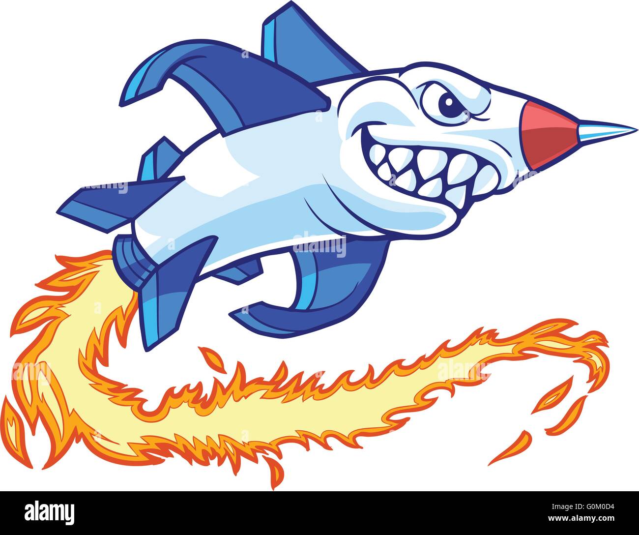 Vector cartoon clip art illustrazione di un razzo antropomorfi o missile mascot con una bocca di squalo. Illustrazione Vettoriale
