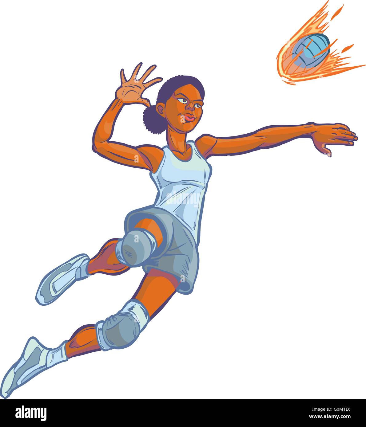 Cartoon clip art illustrazione di un africano ragazza americana del giocatore di volleyball saltando a Spike un servizio in arrivo. Illustrazione Vettoriale